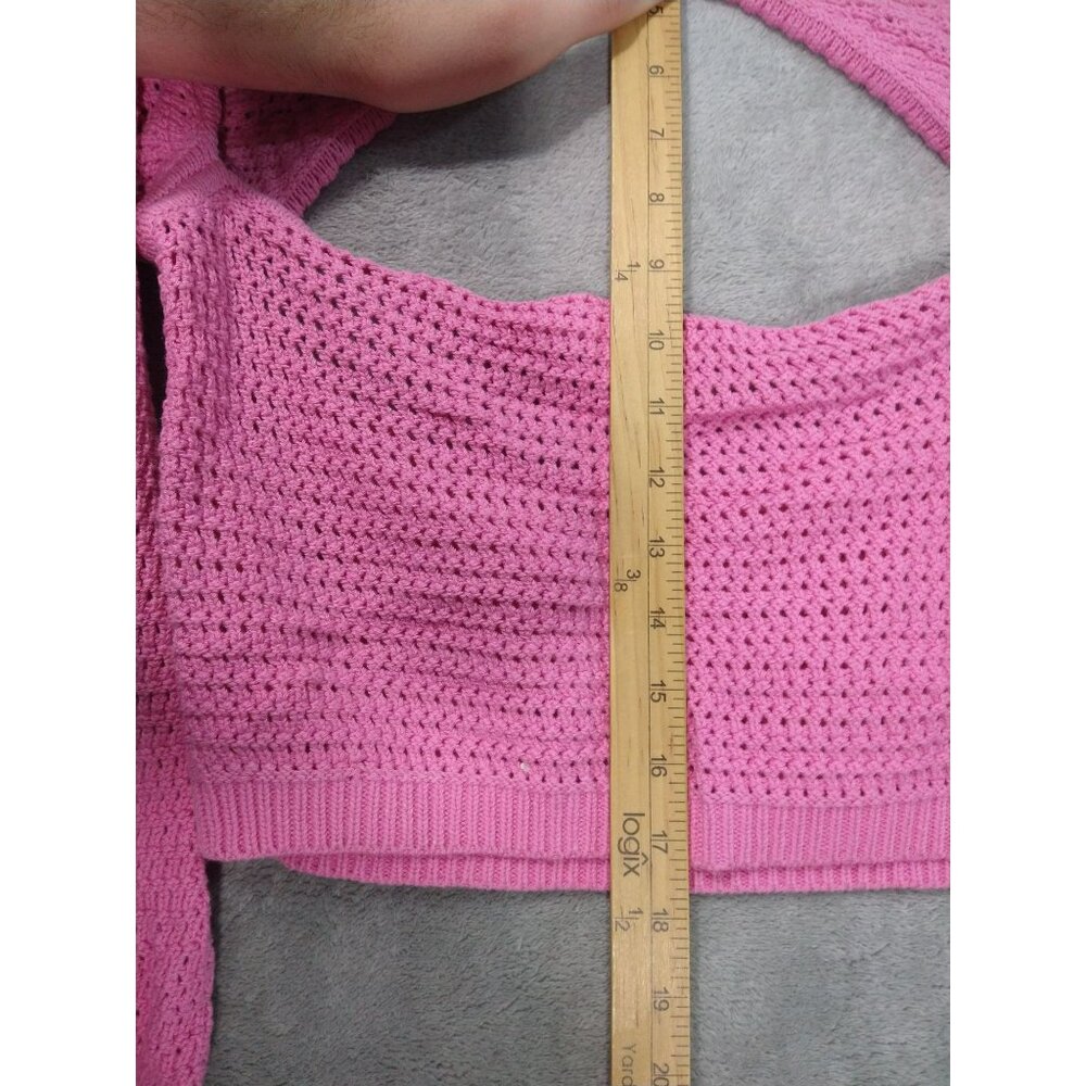 American Eagle Sweater Womens Large Pink Crop Crochet Cotton Long Sleeve Barbie - Picture 3 of 7
